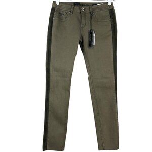 GRACE in LA Women's Jeans Size 29 Skinny Stripe Side Stretch Raw Hem Olive Green